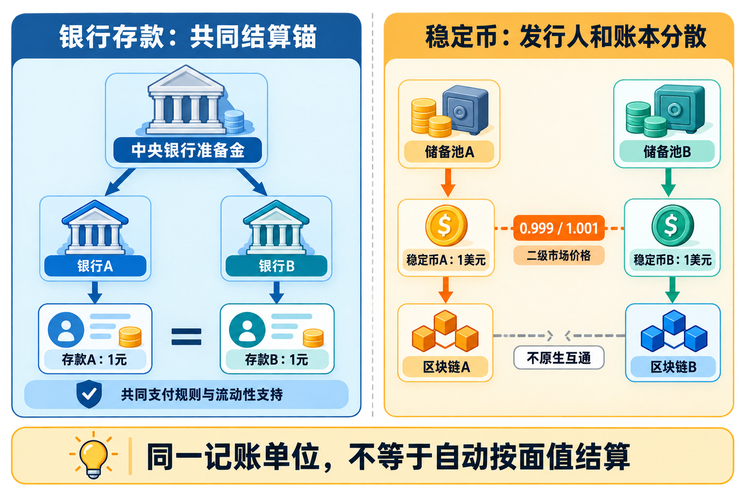 银行存款与稳定币的货币单一性对比
