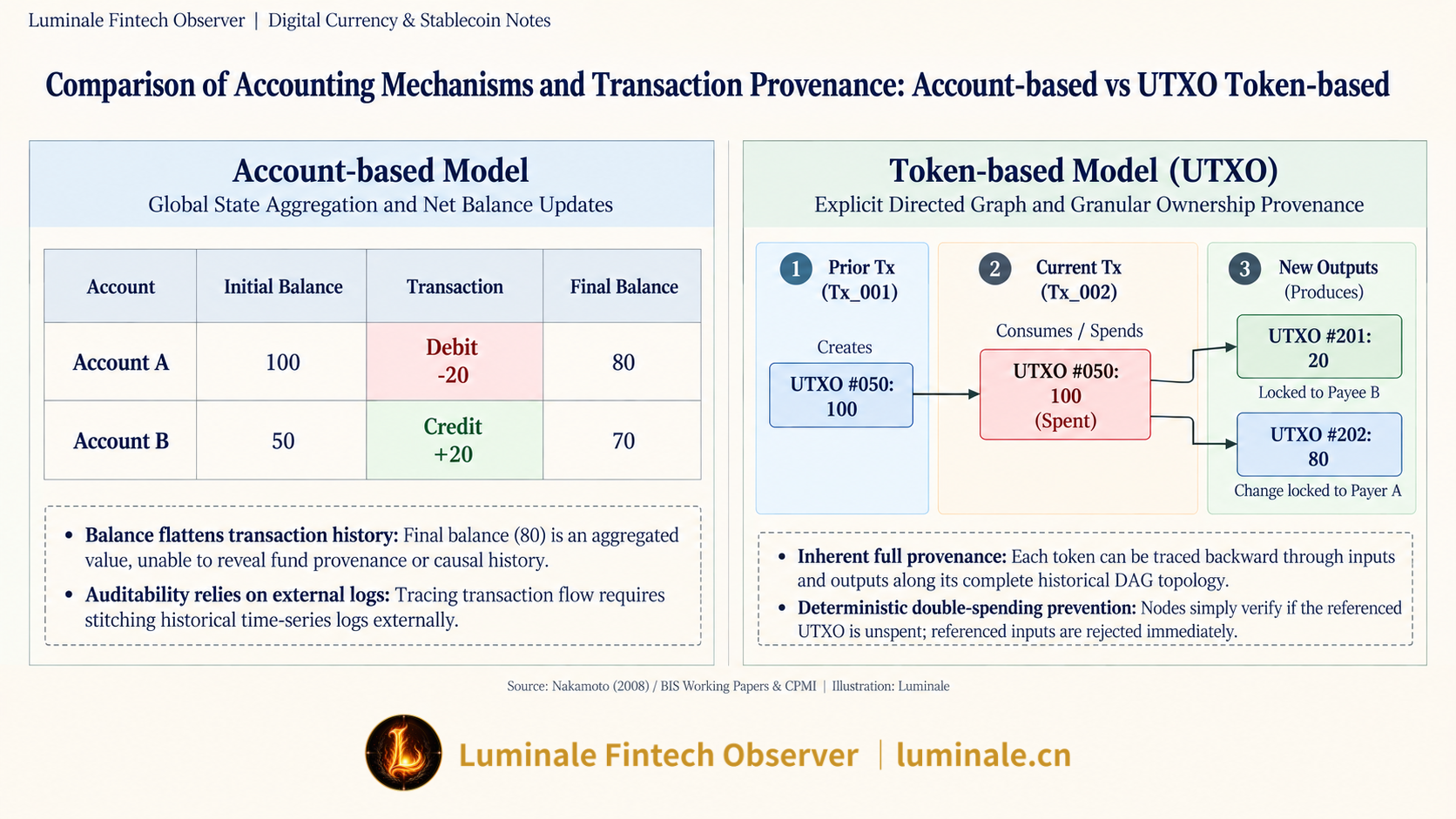 Comparison of Accounting Mechanisms and Transaction Provenance: Account-based vs UTXO Token-based | Luminale based on Nakamoto (2008) / BIS Working Papers & CPMI