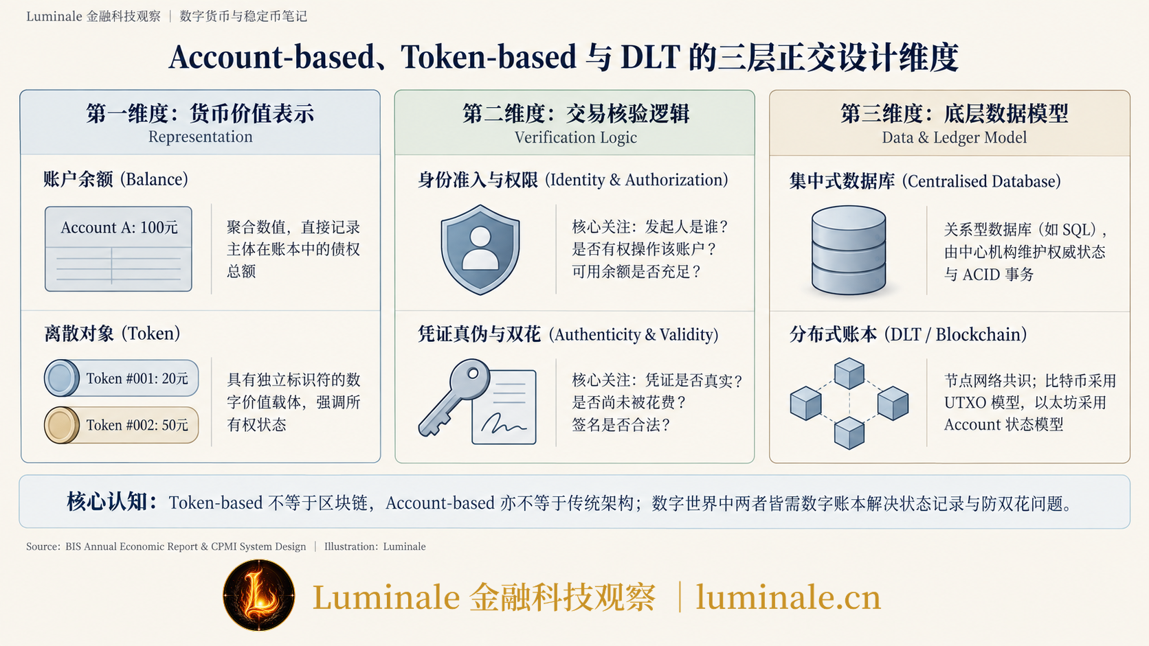 Account-based、Token-based 与 DLT 的三层正交设计维度|Luminale 根据 BIS / CPMI 资料整理