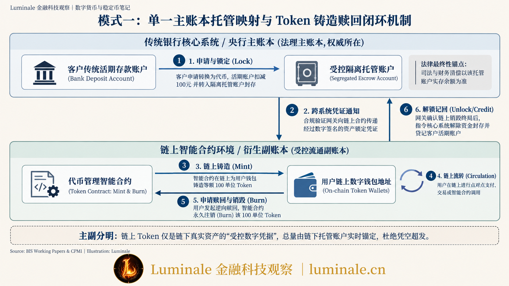 模式一:单一主账本托管映射与 Token 铸造赎回闭环机制|Luminale 根据 BIS Working Papers & CPMI 资料整理