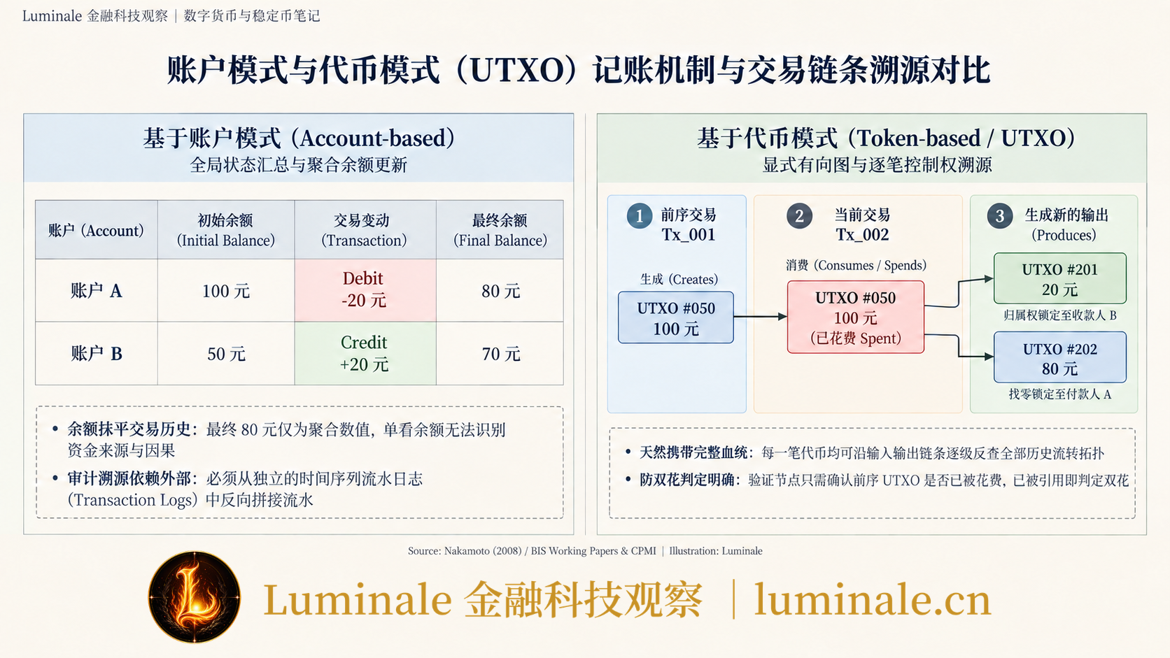 账户模式与代币模式(UTXO)记账机制与交易链条溯源对比|Luminale 根据 Nakamoto (2008) / BIS 资料整理