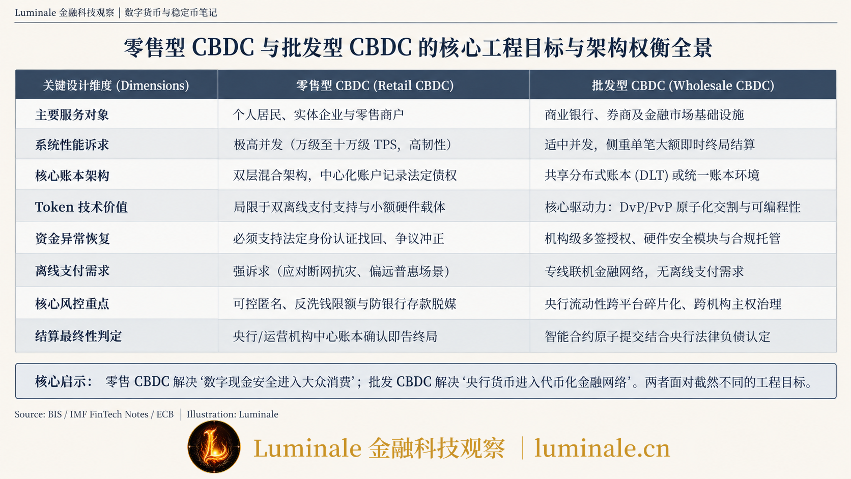 零售型 CBDC 与批发型 CBDC 的核心工程目标与架构权衡全景|Luminale 根据 BIS / IMF FinTech Notes / ECB 资料整理