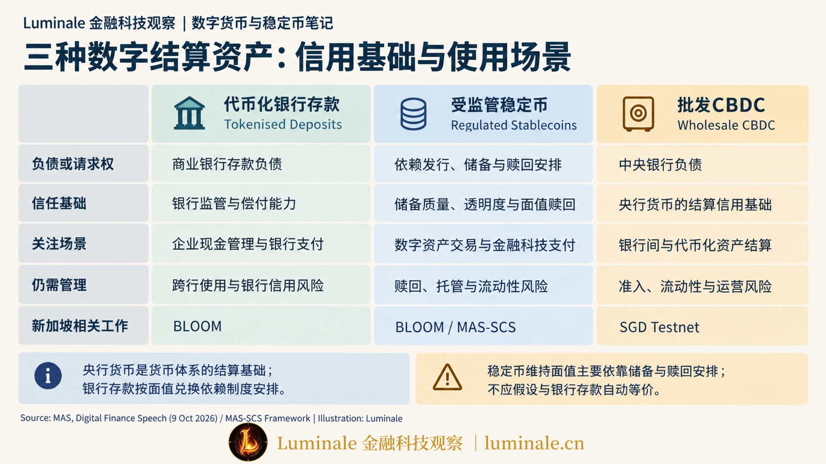 三种数字结算资产的信用基础与使用场景|Luminale 根据 MAS 数字金融讲话与 MAS-SCS 框架资料整理