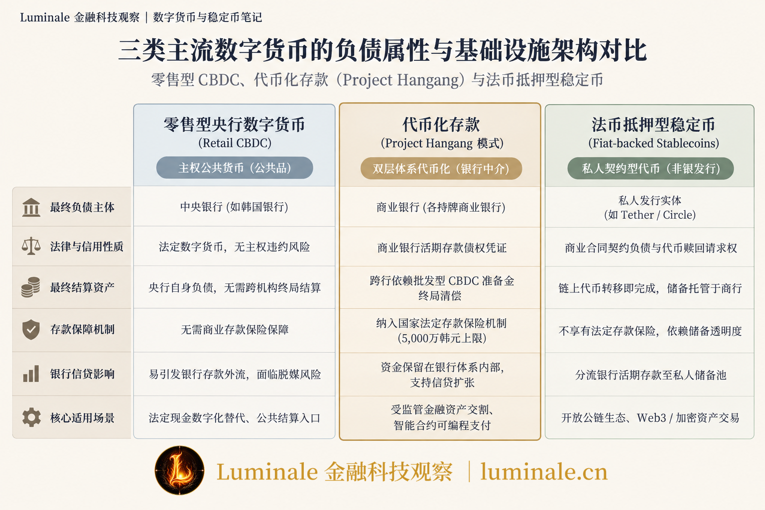 三类主流数字货币的负债属性与基础设施架构对比|Luminale 根据 BIS 与韩国银行公开资料 资料整理